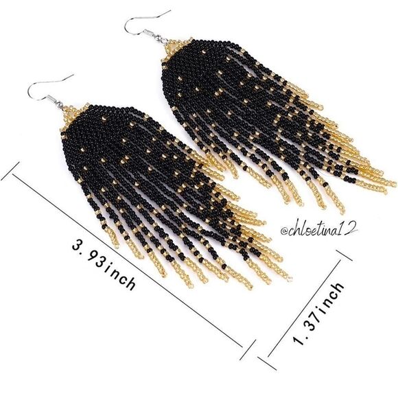 NEW Handmade Black/ Gold Long Tassel Earrings,  Statement Earrings - Picture 2 of 5